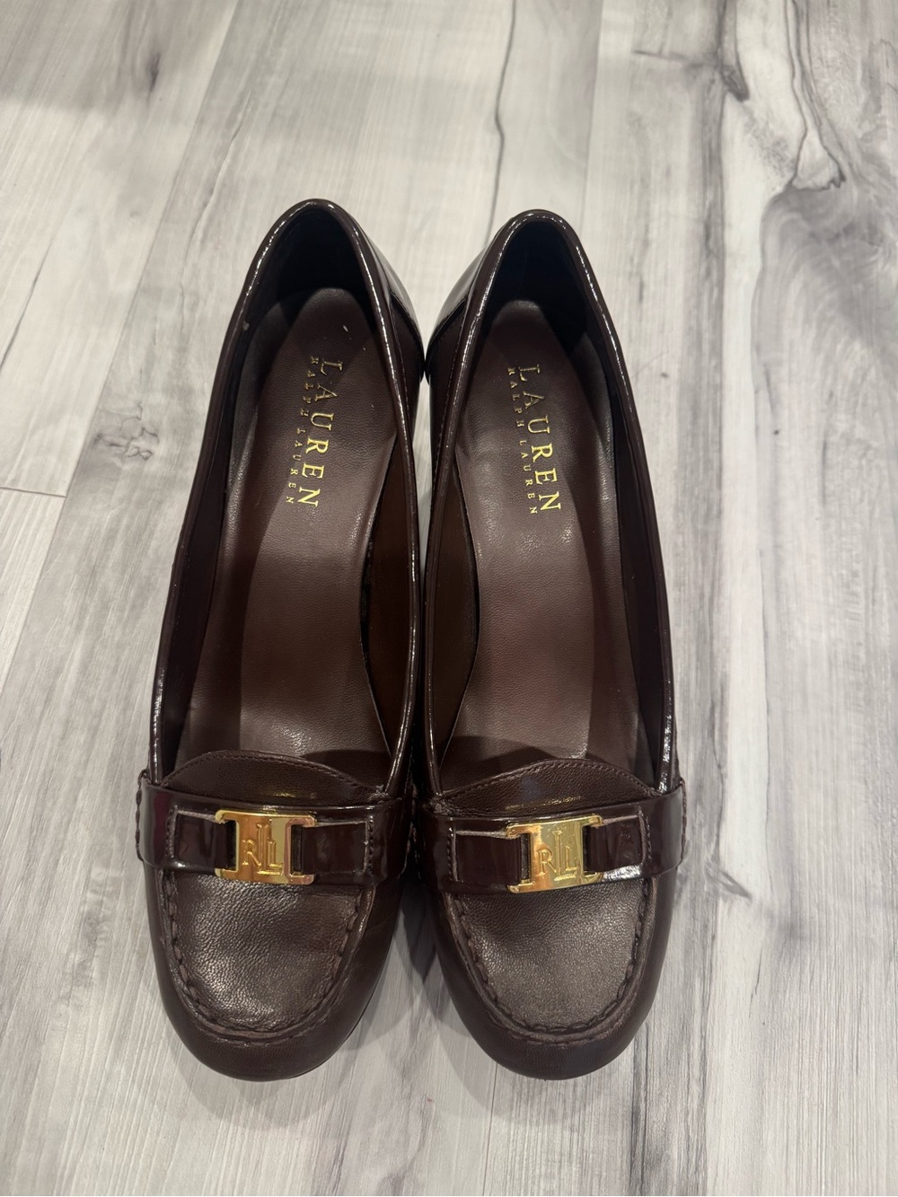 Lauren Ralph Lauren Dark Brown Leather Loafer Heels with Gold RL Accent